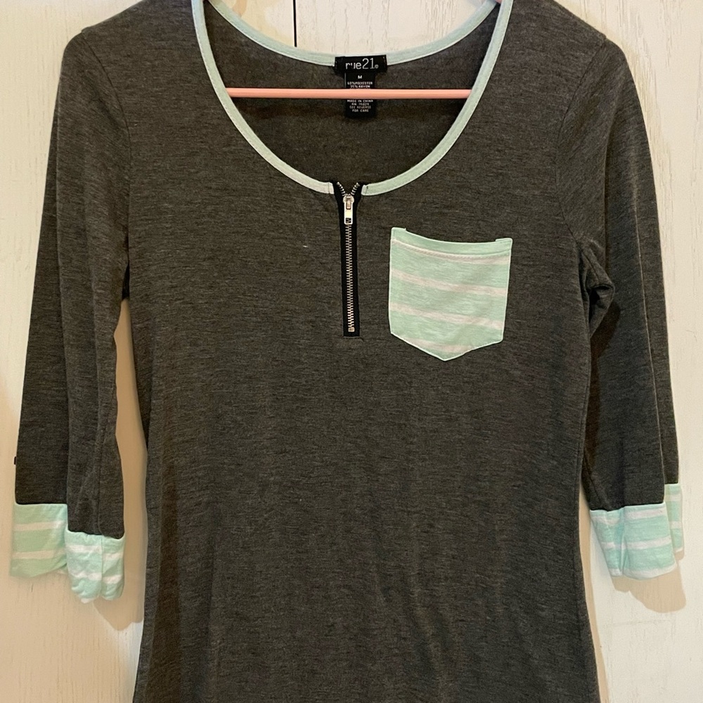 Blue and white stripes and gray mid sleeve tee.